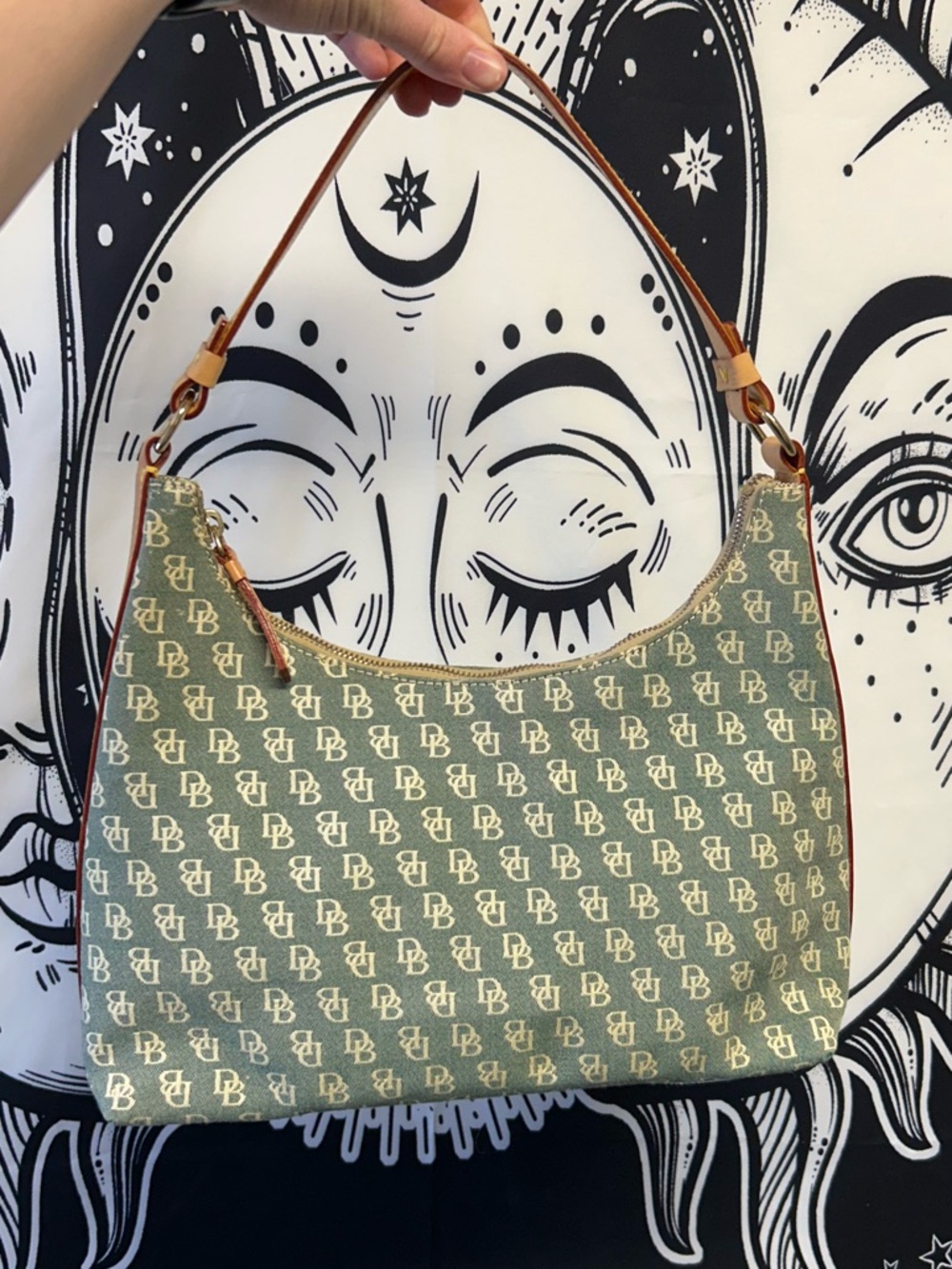 Dooney & Bourke Monogram Shoulder Bag in Sage Green and Tan